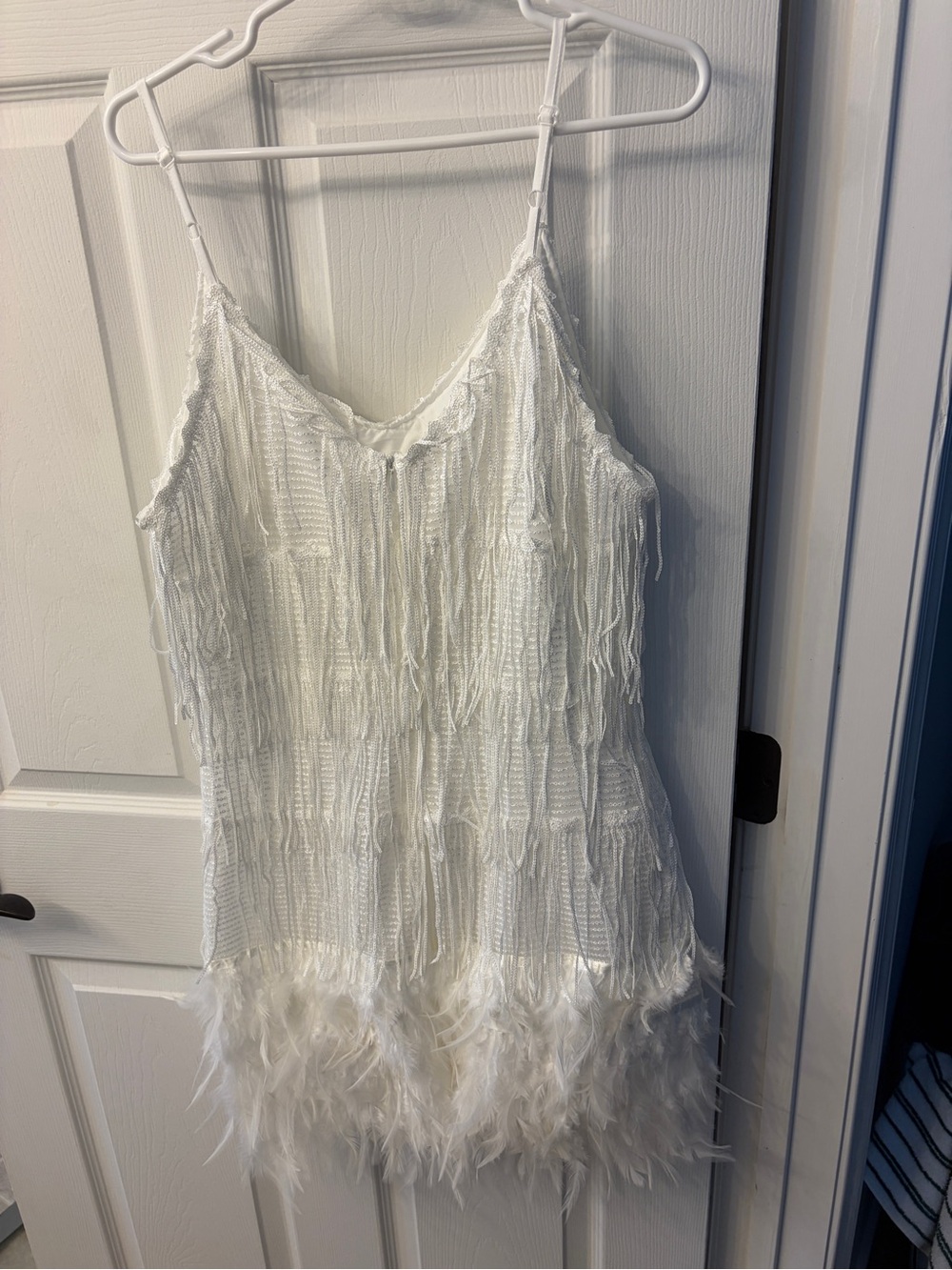 Spaghetti Strap Ivory Fringe & Feather Wedding Dress NEVER WORN